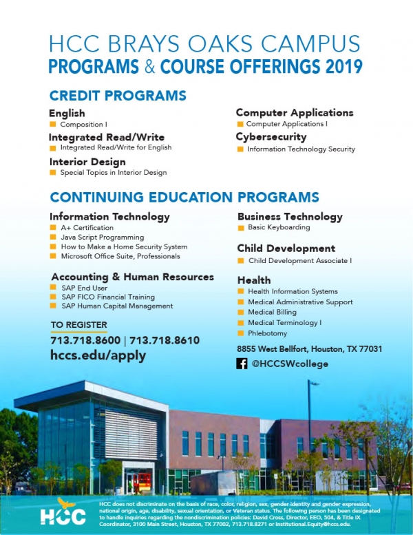 Fall Classes at HCC Brays Oaks Brays Oaks Management District